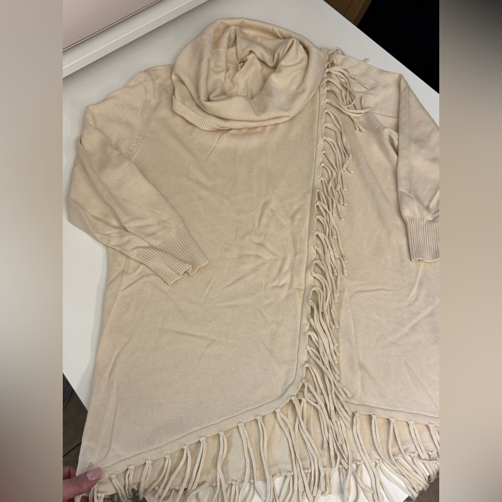 Reba Cream Cowl Neck 3/4 Sleeves Fringe Cotton Blend Sweater Size M